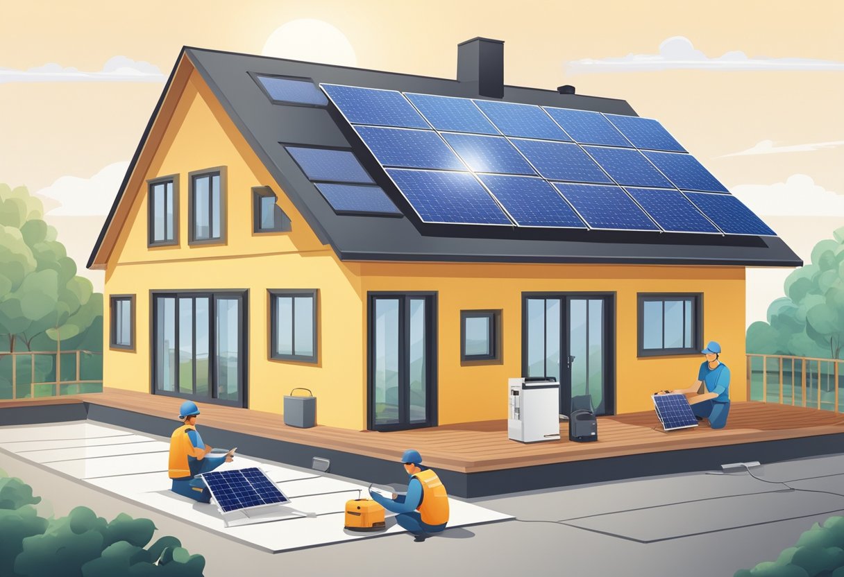 A technician installs a solar panel on a rooftop, connecting it to a battery system inside a home