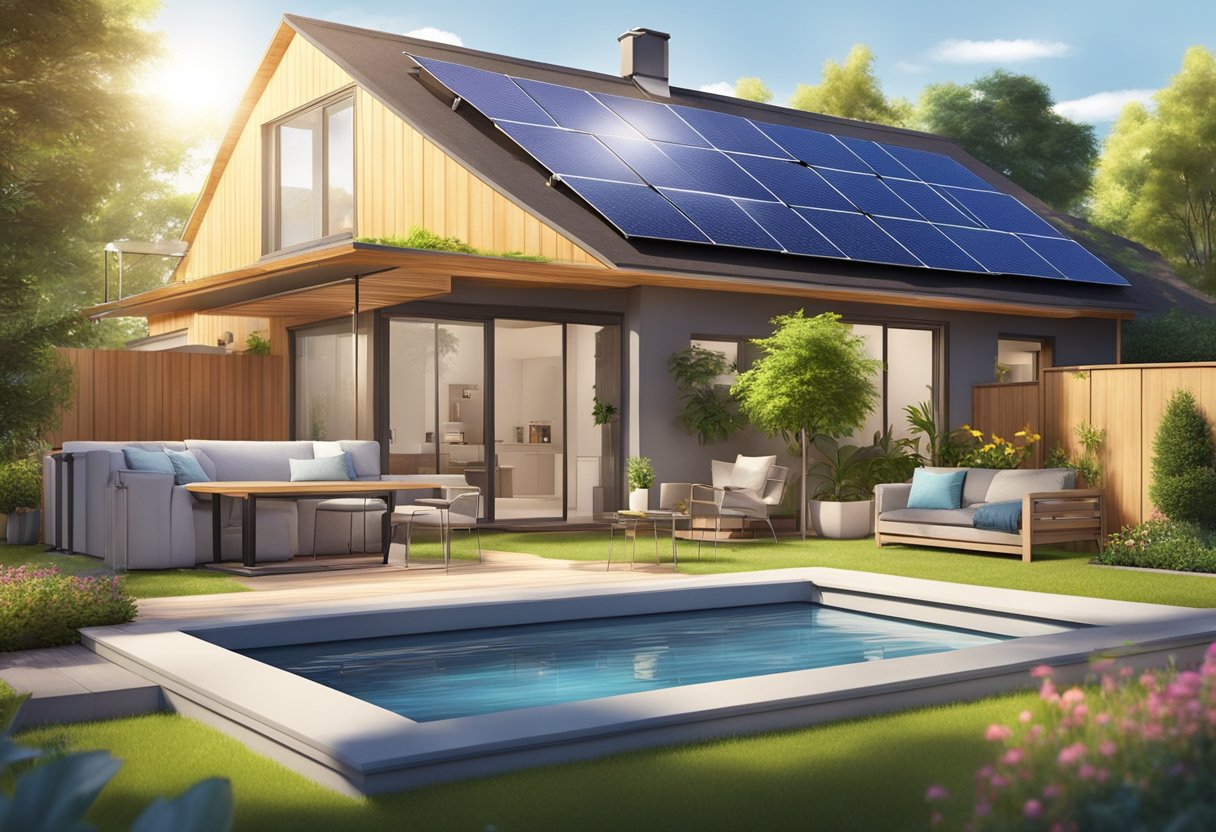 A sunny backyard with a modern home featuring solar panels on the roof, connected to a solar generator, powering outdoor lights and a small garden fountain