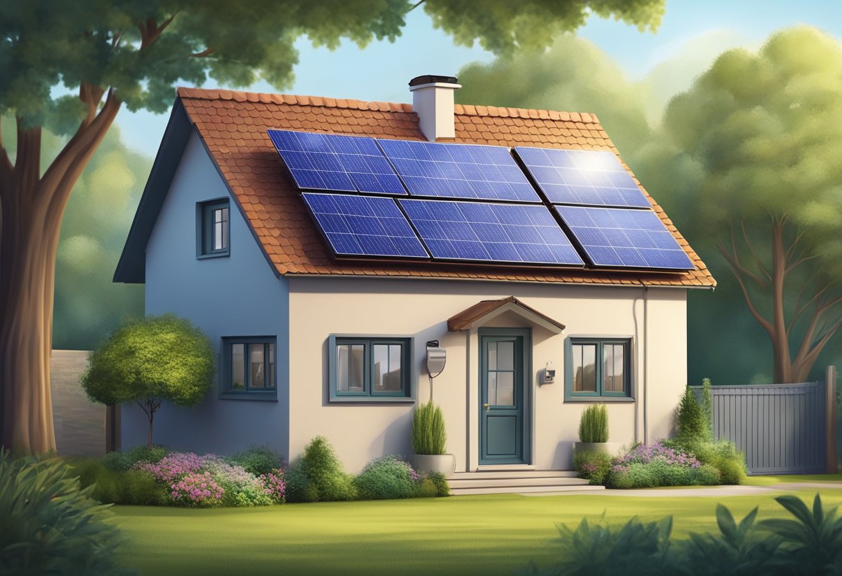 A small house with solar panels on the roof, connected to batteries and an inverter, providing electricity to the home