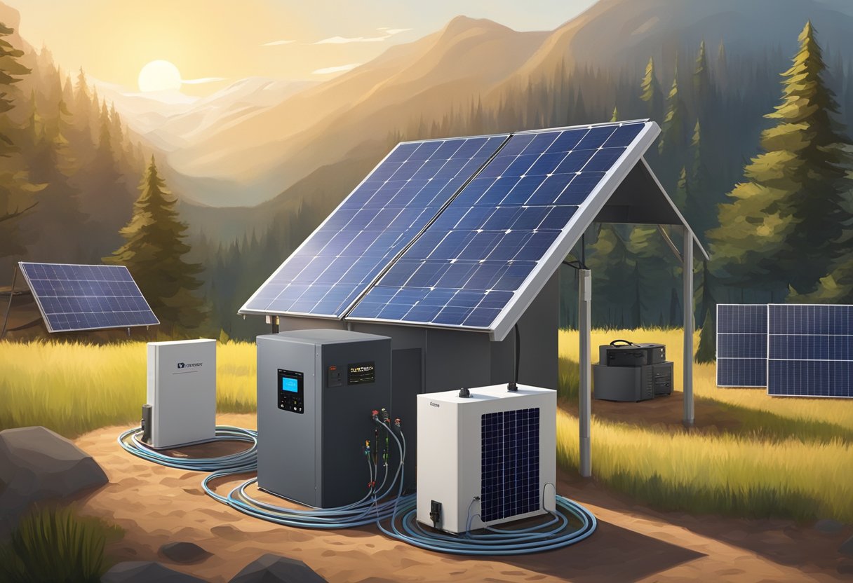 A solar panel array connected to a battery bank and inverter, with wiring and charge controller, all set against a backdrop of off-grid wilderness