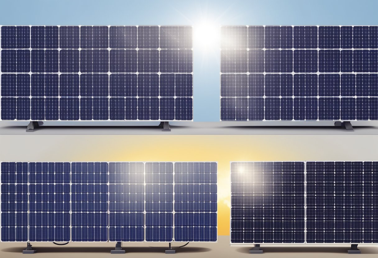 A side-by-side comparison of monocrystalline and polycrystalline solar panels under direct sunlight, highlighting their different structures and appearances