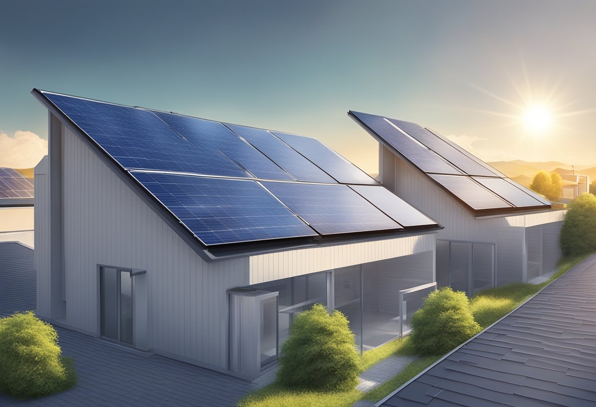 A rooftop with two solar panels side by side, one monocrystalline and the other polycrystalline, both absorbing sunlight