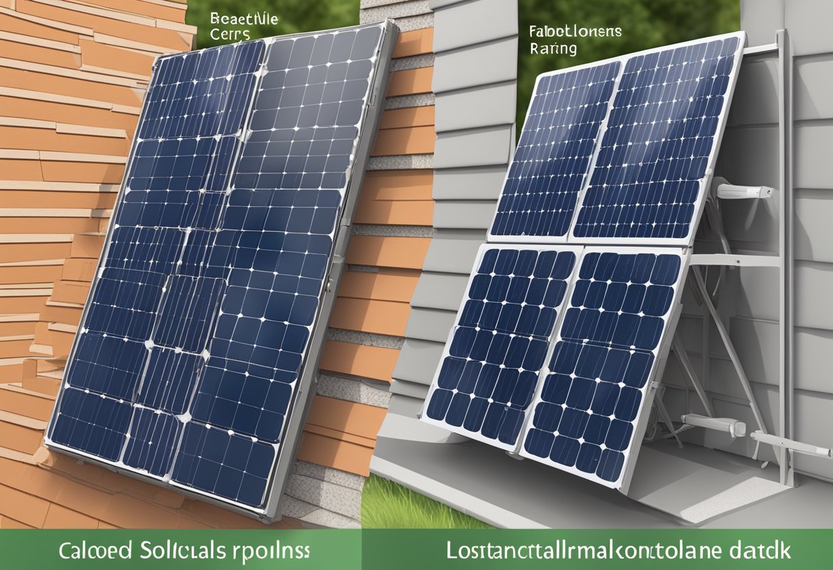A side-by-side comparison of monocrystalline and polycrystalline solar panels with labeled cost breakdowns and efficiency ratings
