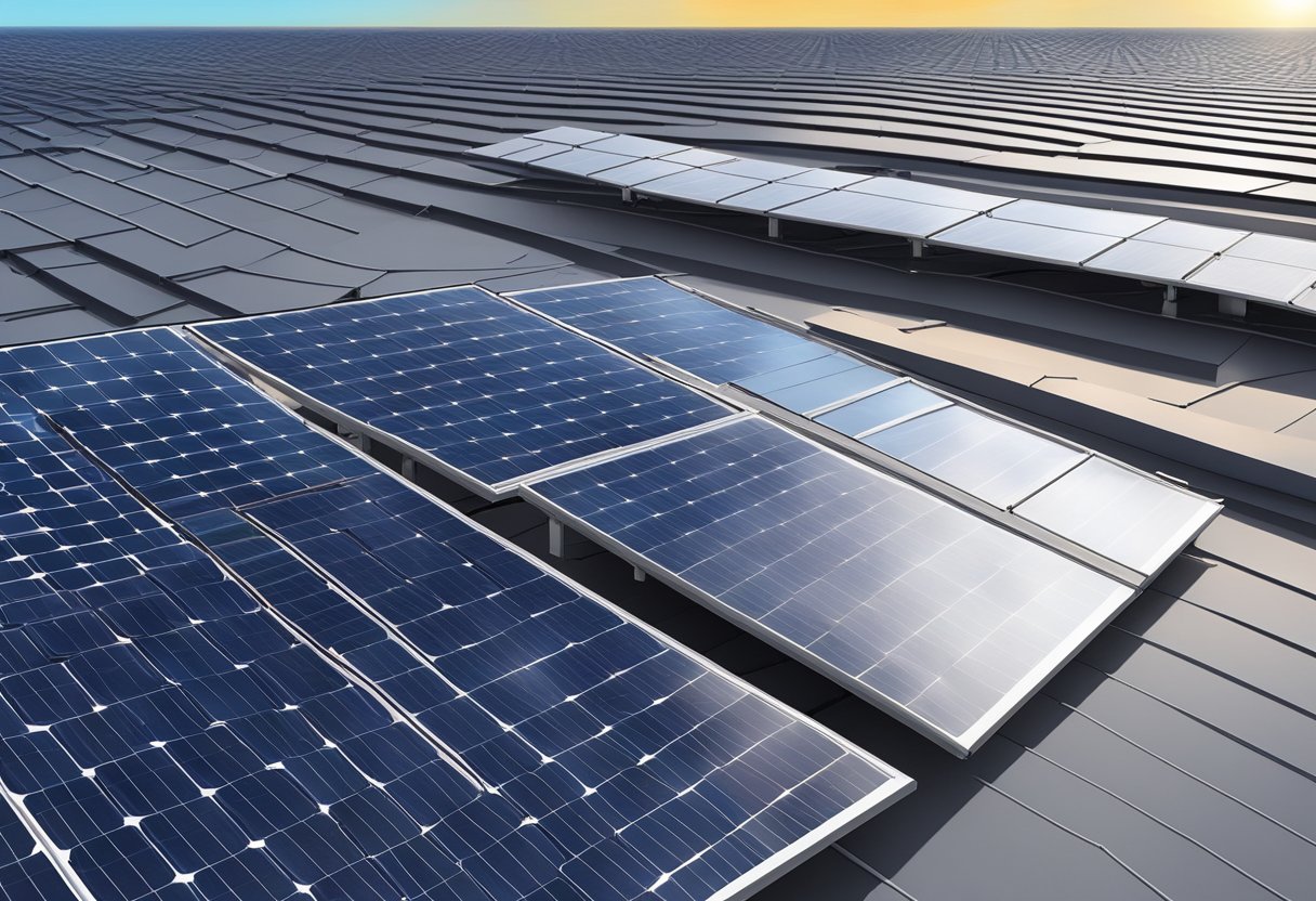 A rooftop with two sets of solar panels side by side, one monocrystalline and the other polycrystalline. The panels are angled towards the sun with a clear blue sky in the background