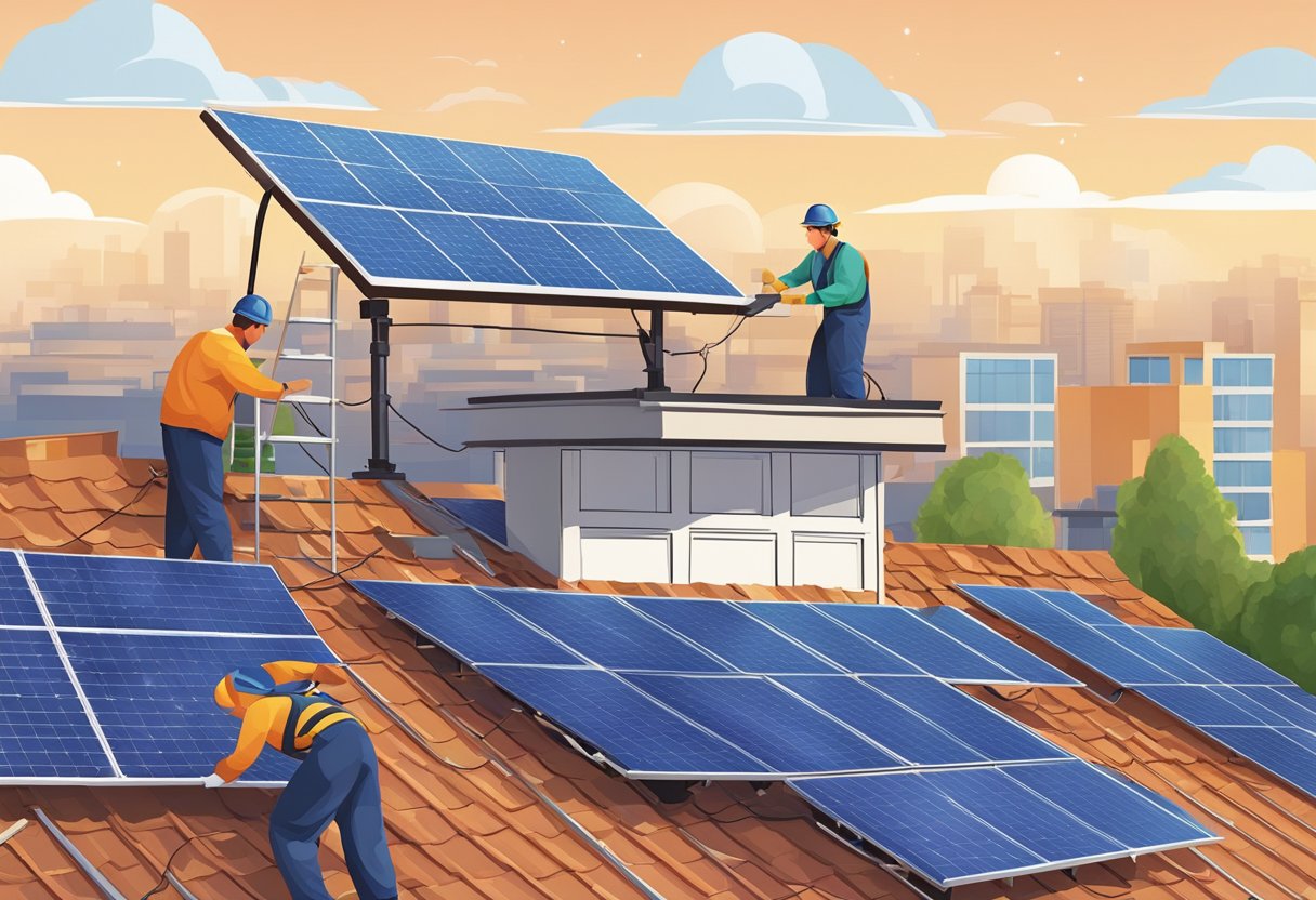 A person installing solar panels on a rooftop