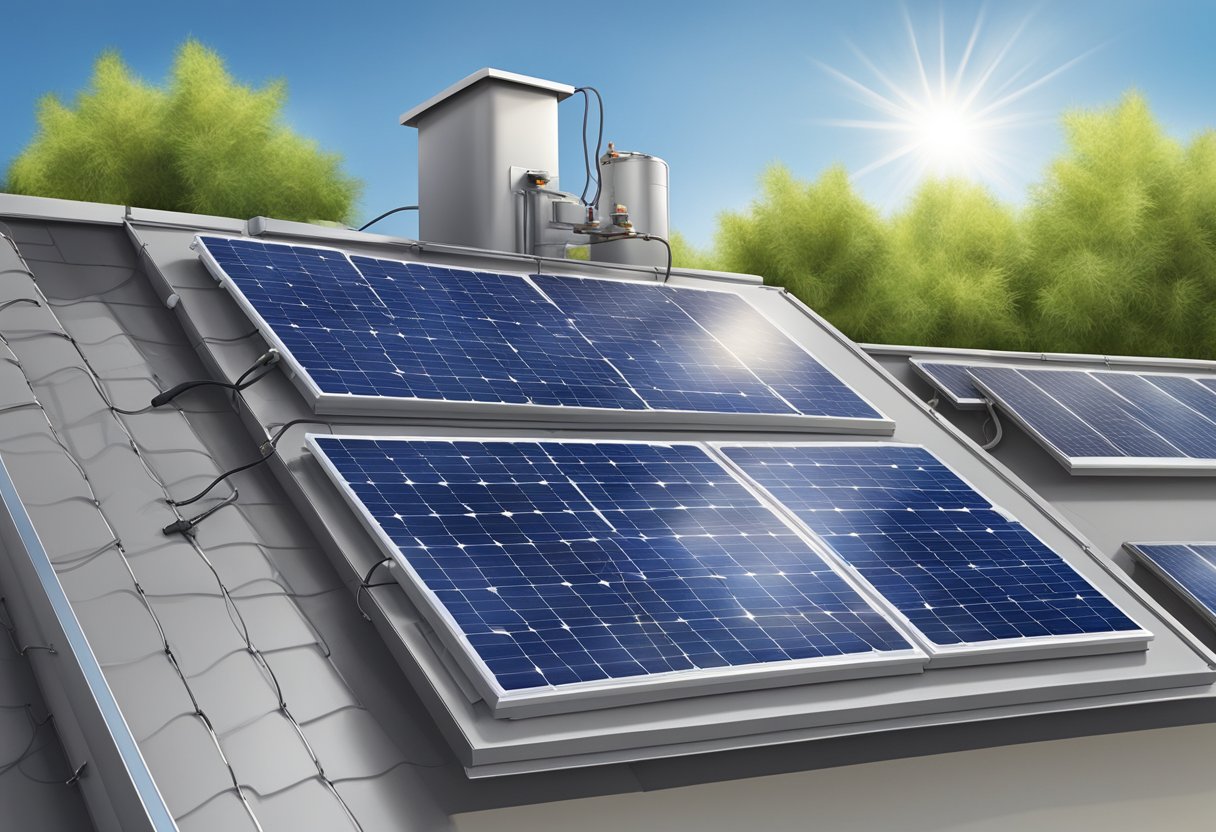 A solar panel mounted on a rooftop, connected to a battery and inverter, with wires running between the components