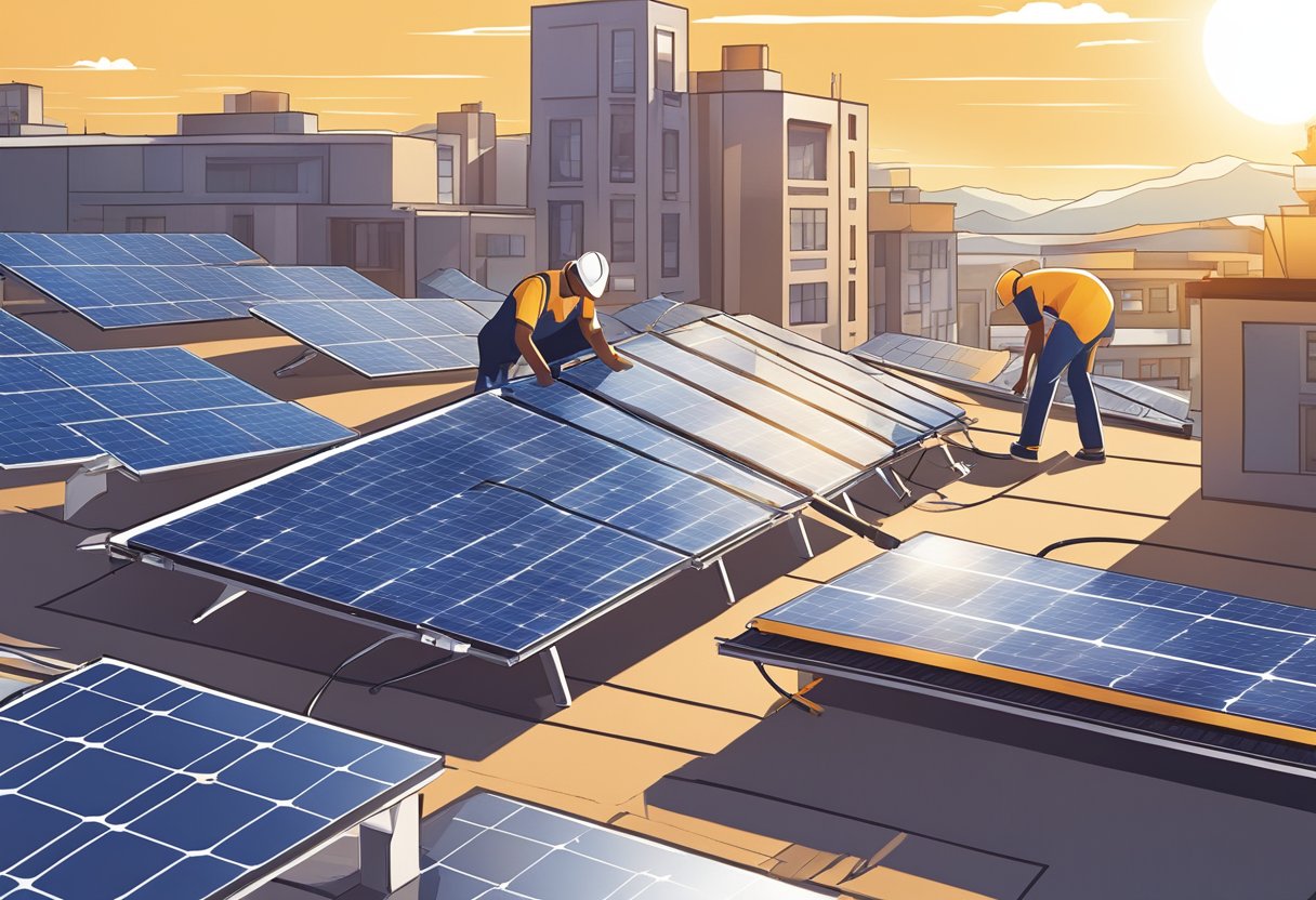 A person assembling solar panels on a rooftop. Tools and equipment scattered around. Sun shining in the background