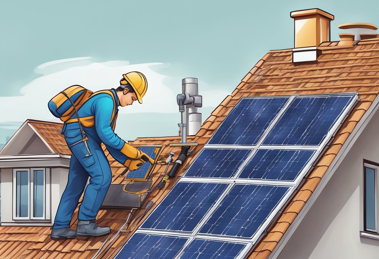 A person installing solar panels on a rooftop, following safety guidelines and legal regulations, using tools and equipment