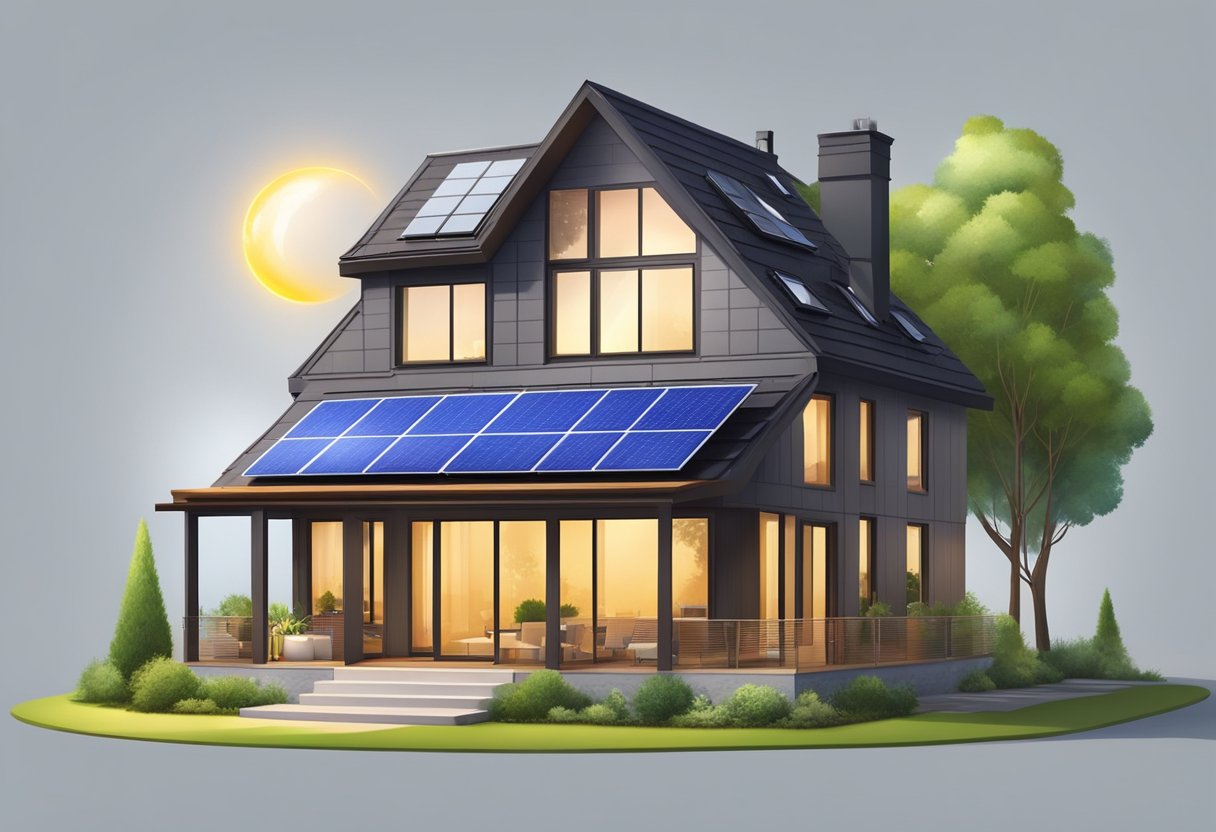 A cozy home with LED lights, smart thermostat, and energy-efficient appliances. Solar panels on the roof and well-insulated windows