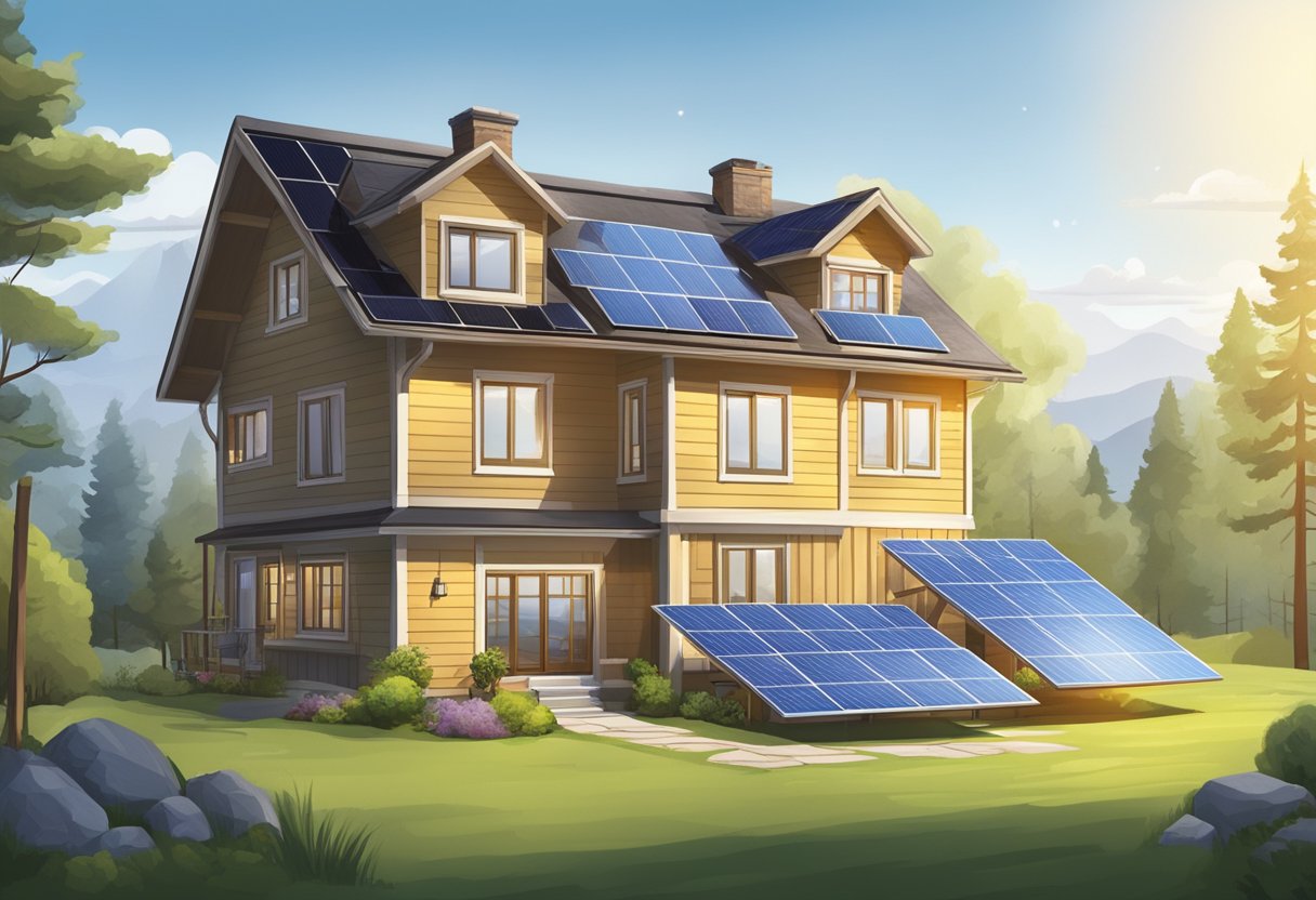 A cozy home with solar panels, energy-efficient appliances, and weather-stripped windows