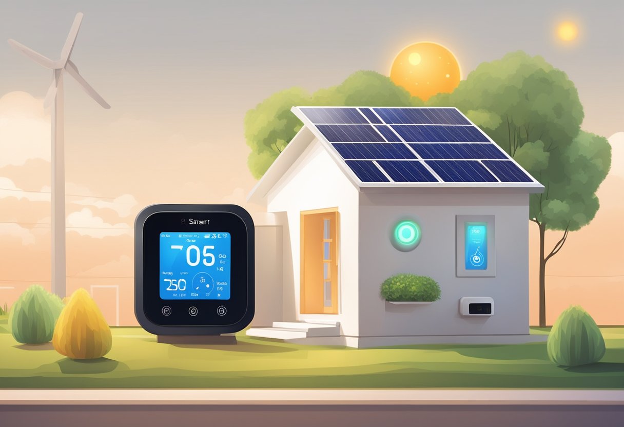 A smart thermostat adjusts temperature as solar panels power the house. LED lights illuminate the energy-efficient appliances in a modern, eco-friendly home