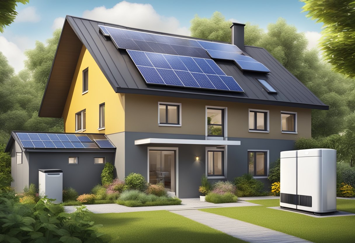 A modern, well-insulated home with energy-efficient appliances and solar panels, surrounded by a well-maintained garden and recycling bins