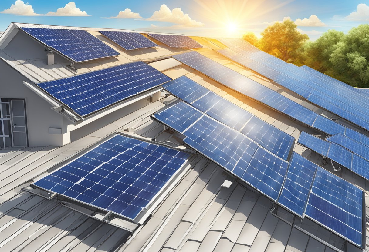 A rooftop covered in solar panels, with the sun shining brightly and a clear blue sky in the background