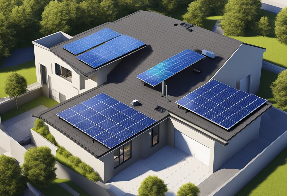 A solar panel array on a rooftop with a bi-directional meter and a battery storage system connected to it