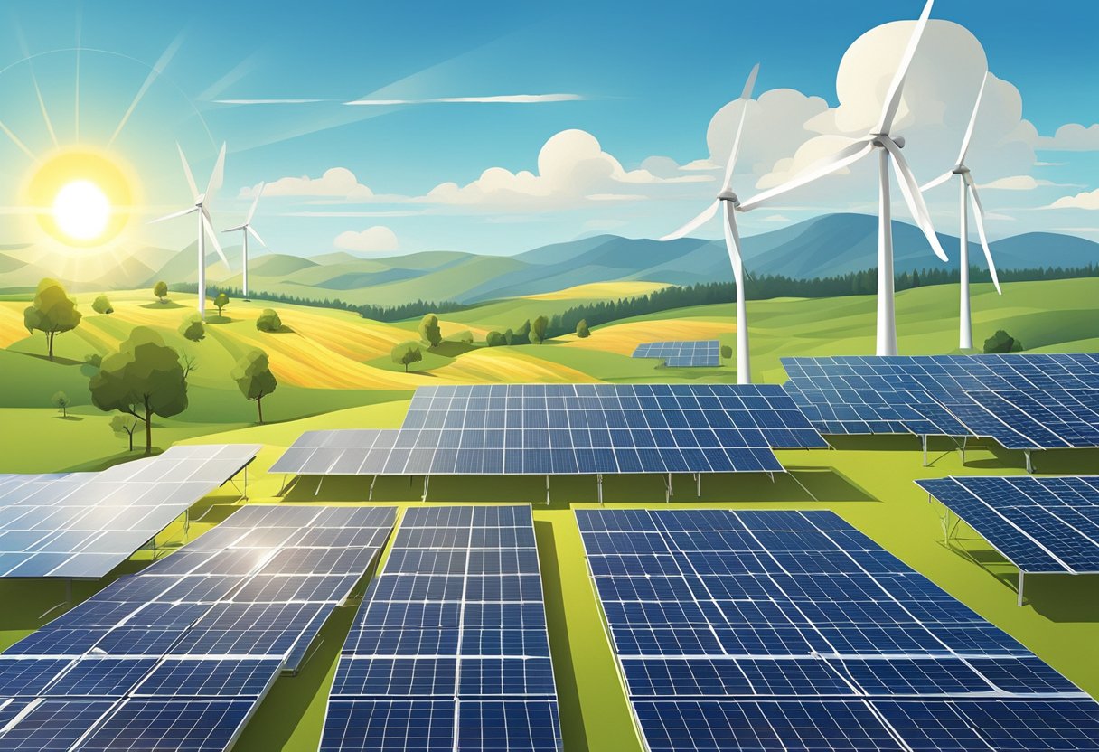A sunny landscape with solar panels on rooftops, wind turbines, and a large field of solar panels with a clear blue sky and a bright sun