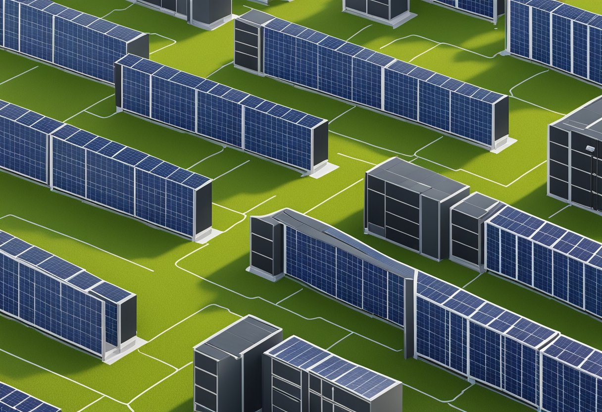 A solar array with connected battery storage units in a grassy field