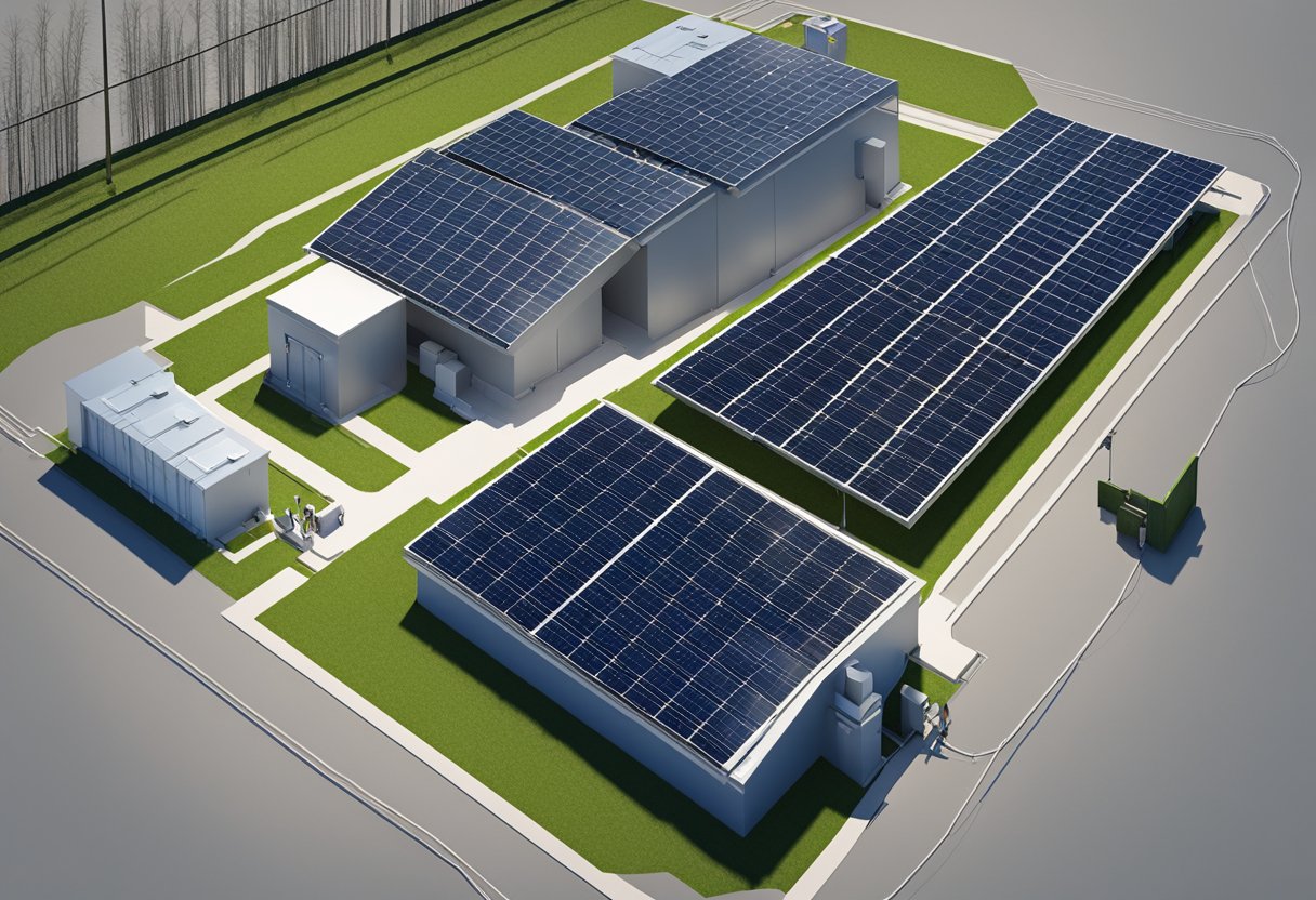 A solar panel array connected to a large battery storage system, with electrical lines connecting the two