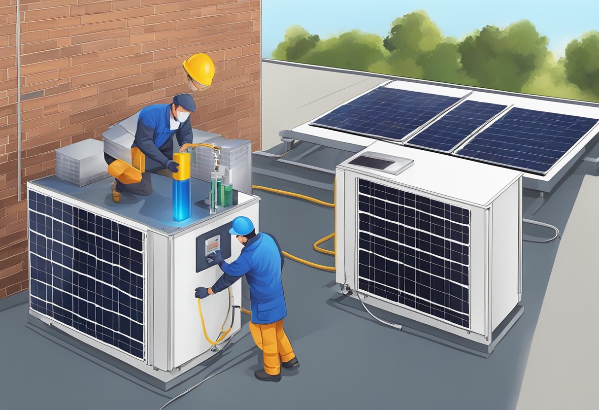 A technician installs and maintains a solar battery storage unit
