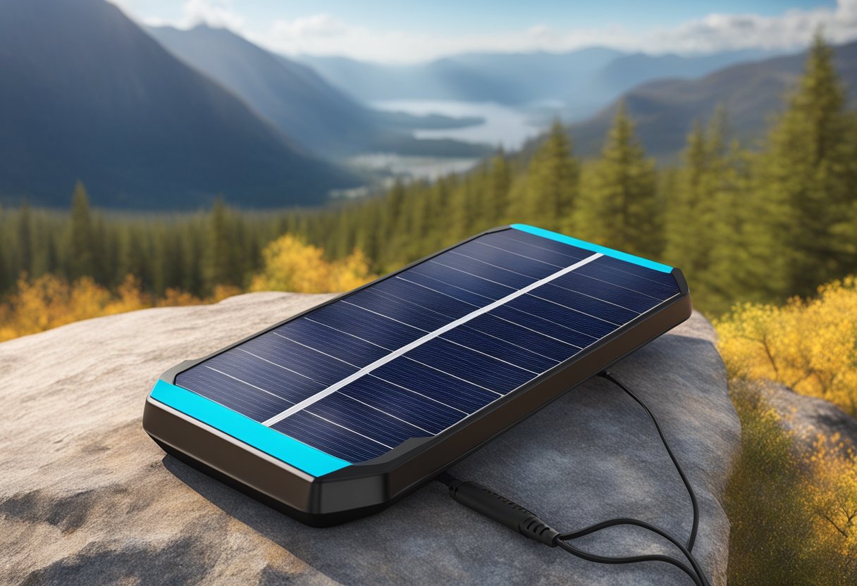 A portable solar charger sitting on a rocky ledge, absorbing sunlight with a mountainous landscape in the background