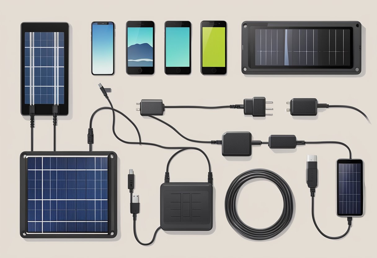 A portable solar charger with various types of connectors and ports arranged neatly on a flat surface