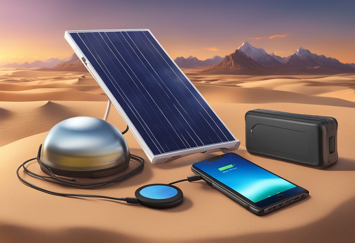 A portable solar charger in use on a mountain peak, in a desert, and on a beach at sunset