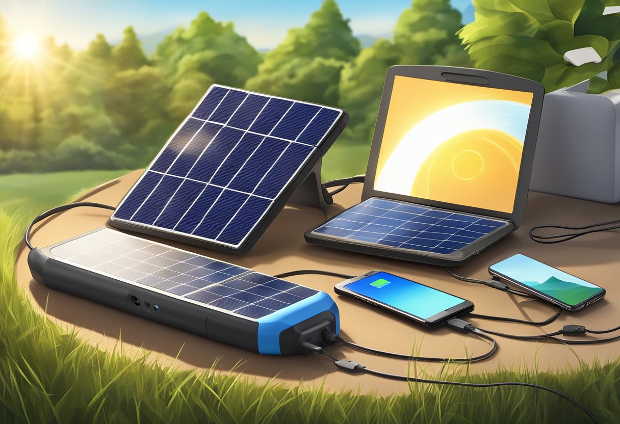 A portable solar charger connected to multiple electronic devices outdoors on a sunny day