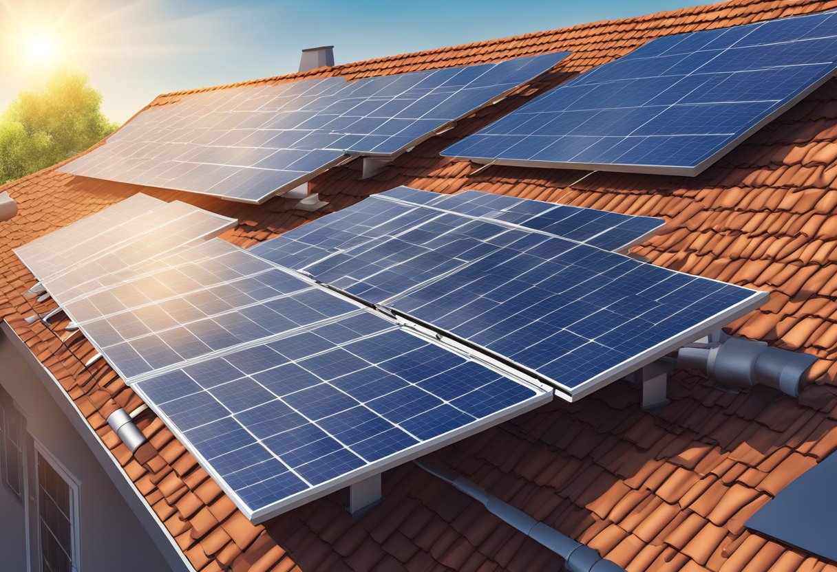 Solar panels on a rooftop, generating electricity while the sun shines and reducing carbon footprint