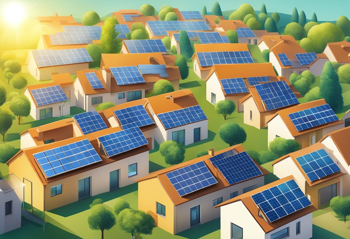 A sunny landscape with solar panels on rooftops, emitting clean energy and reducing carbon emissions