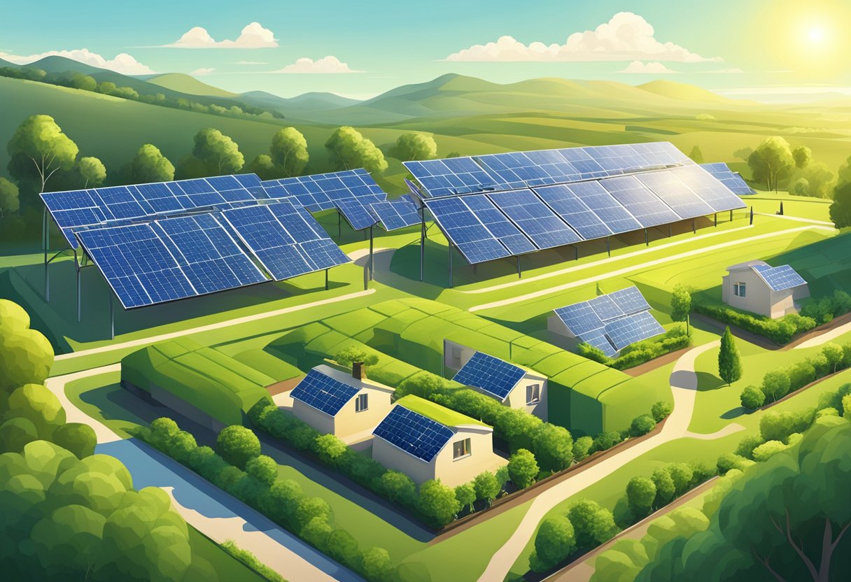A sunny landscape with solar panels covering rooftops and fields, surrounded by clean air and greenery