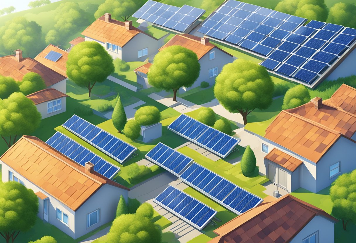 A sunny landscape with solar panels on rooftops, a clear blue sky, and lush greenery, highlighting the reduction of carbon footprint through solar power adoption and policy