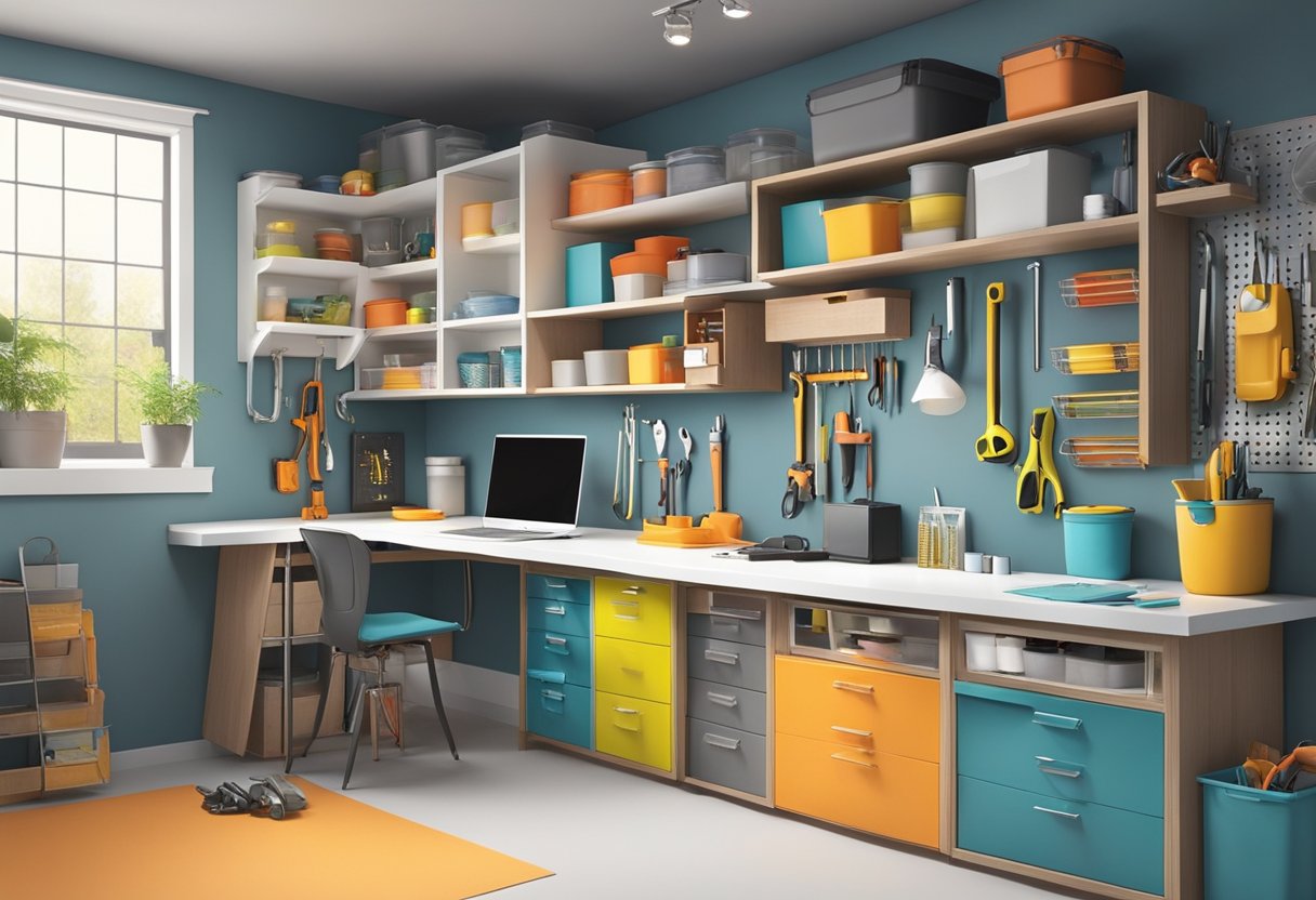 A cluttered garage transformed into a sleek, organized space with built-in shelves, tool storage, and a workbench. A bright, clean aesthetic with pops of color and ample lighting