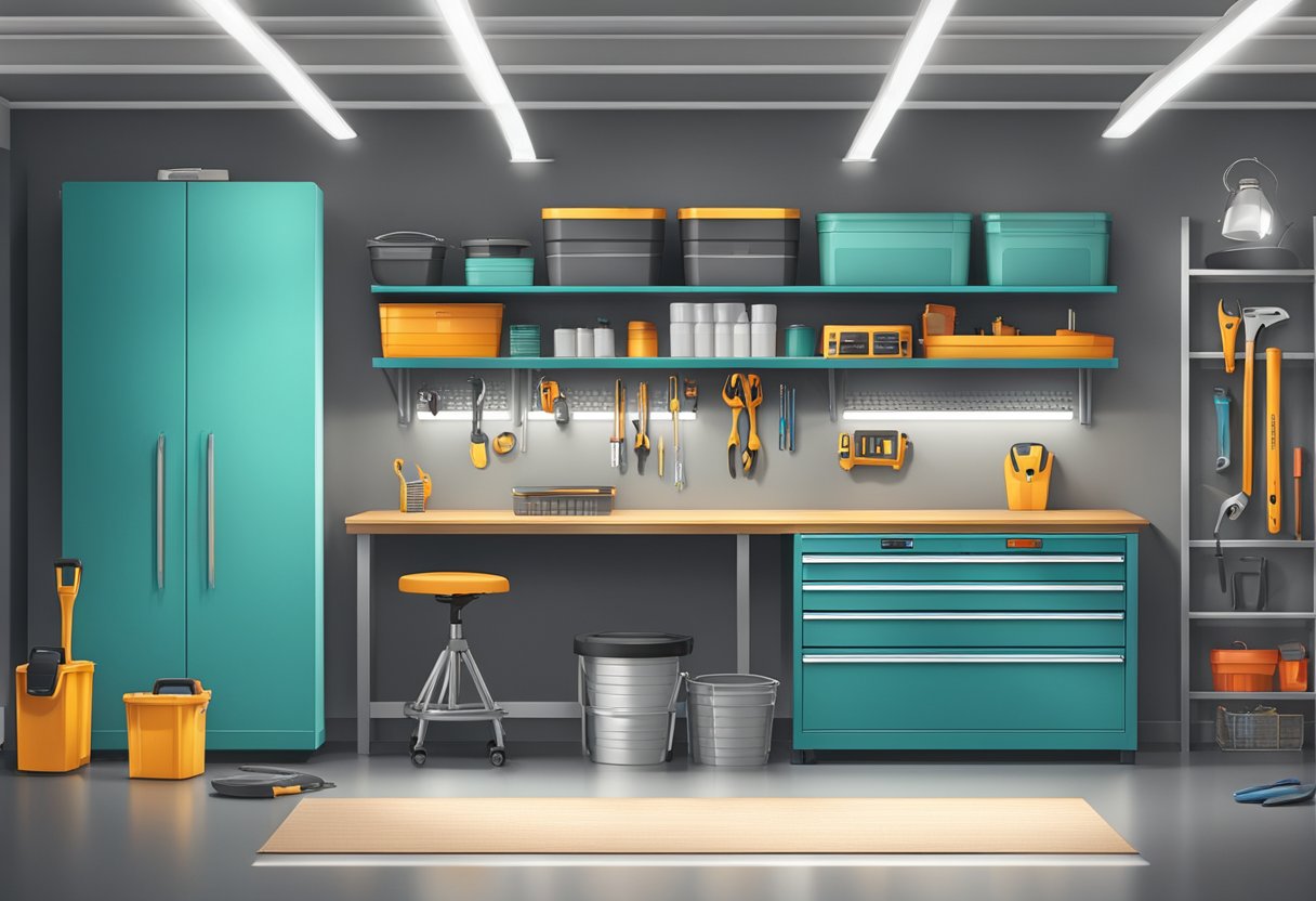 A clean, organized garage with sleek storage solutions and stylish decor, including a workbench, tool rack, and decorative lighting