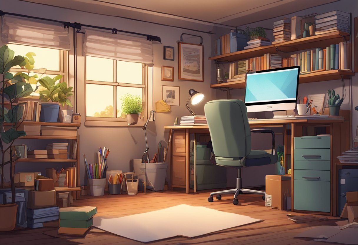 A cluttered garage transformed into a cozy home office with a desk, chair, bookshelves, and soft lighting