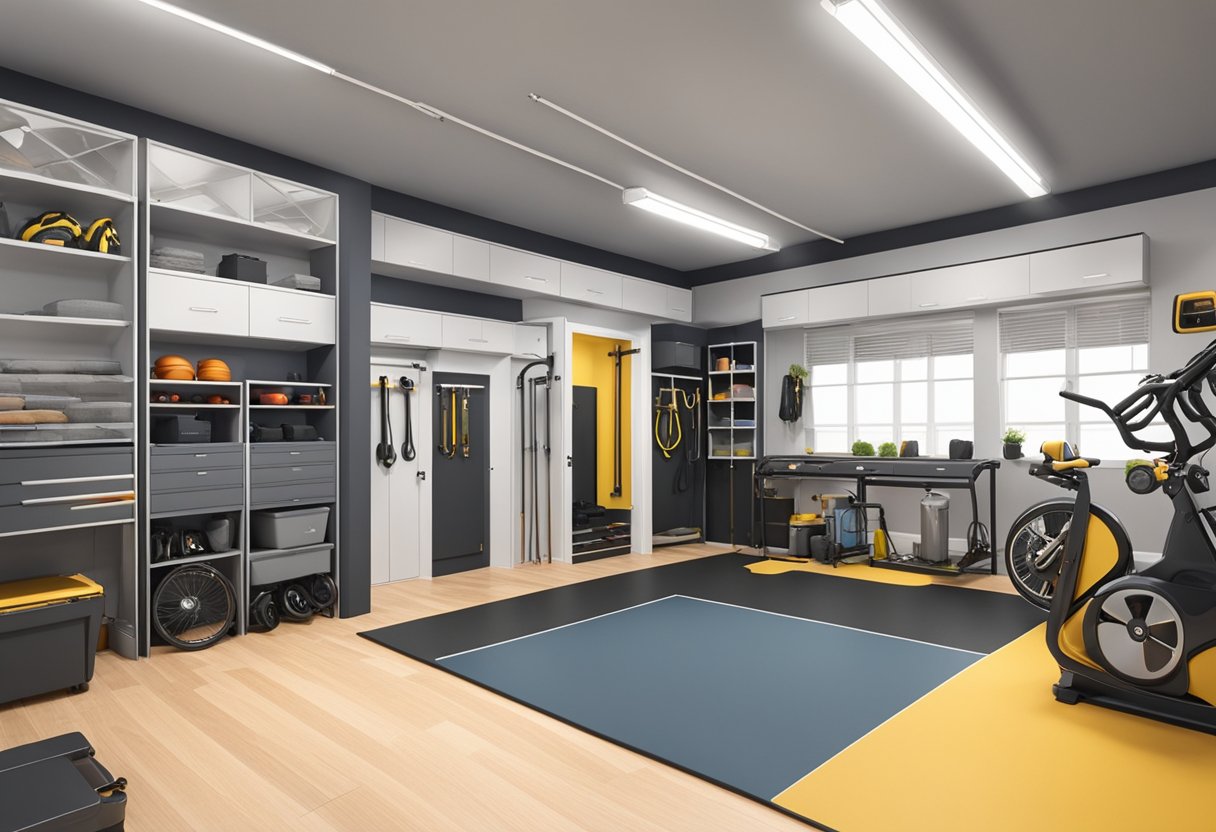 A spacious garage with designated areas for storage, a workshop, and a home gym. Bright lighting and sleek organization systems create a modern, functional space