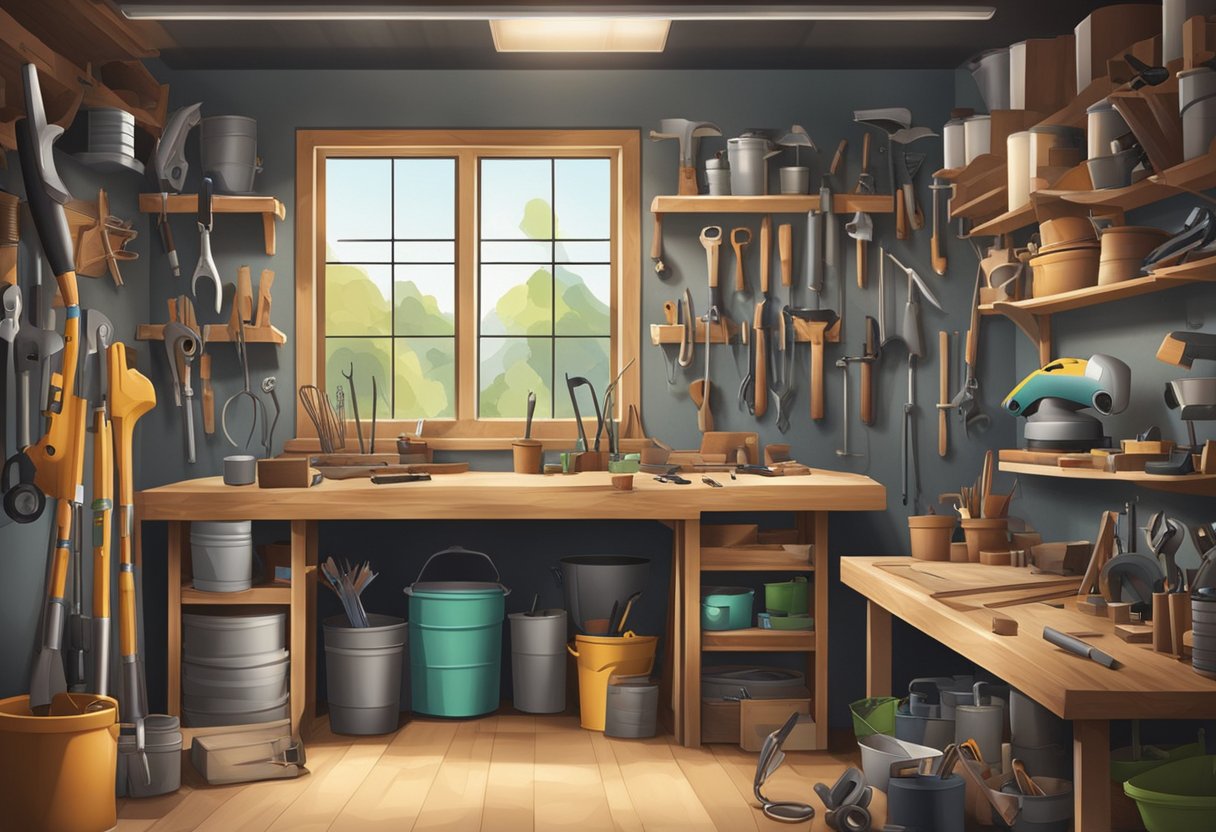 A cluttered garage workshop with tools, workbench, shelves, and hanging equipment. A large window lets in natural light