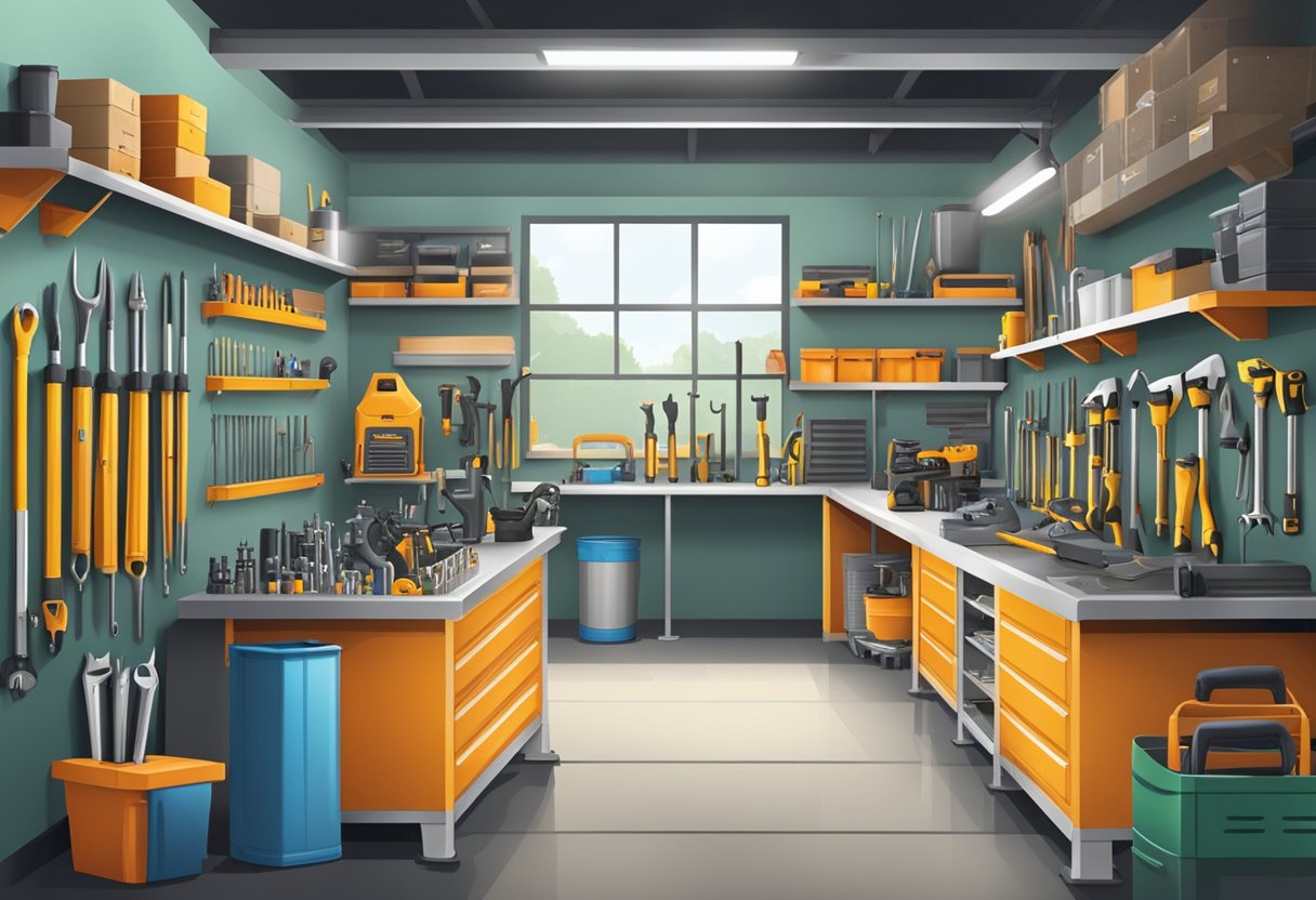 A well-organized garage workshop with neatly arranged tool selection and storage solutions