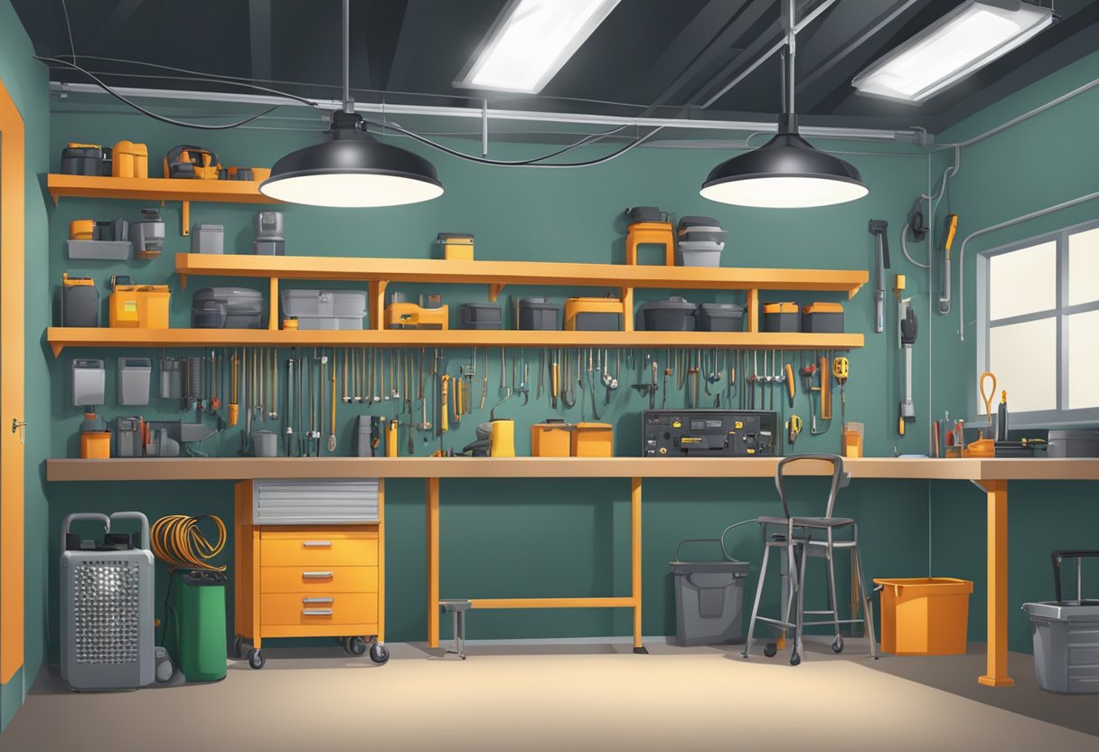 A well-lit garage workshop with organized electrical system, hanging lights, and power outlets