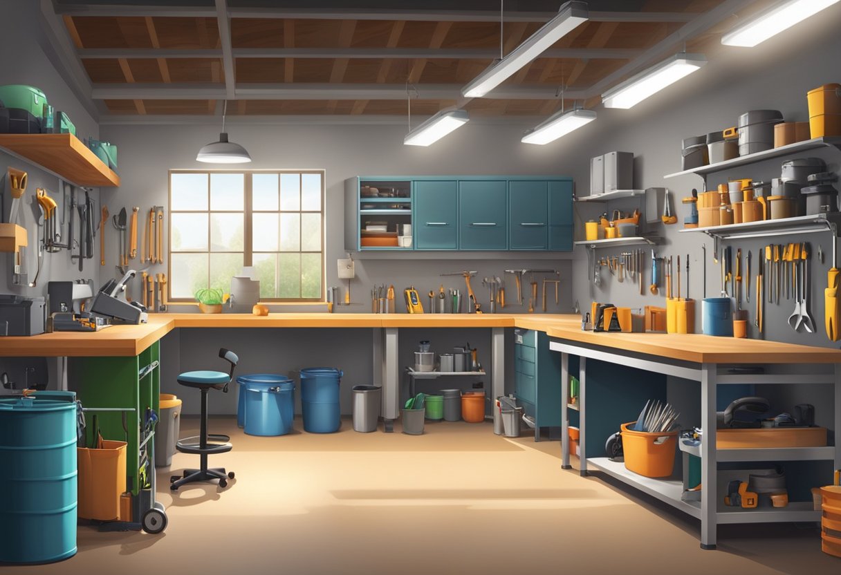A well-lit garage workshop with organized tools, workbenches, and storage shelves, featuring a clean and spacious layout conducive to productivity and creativity