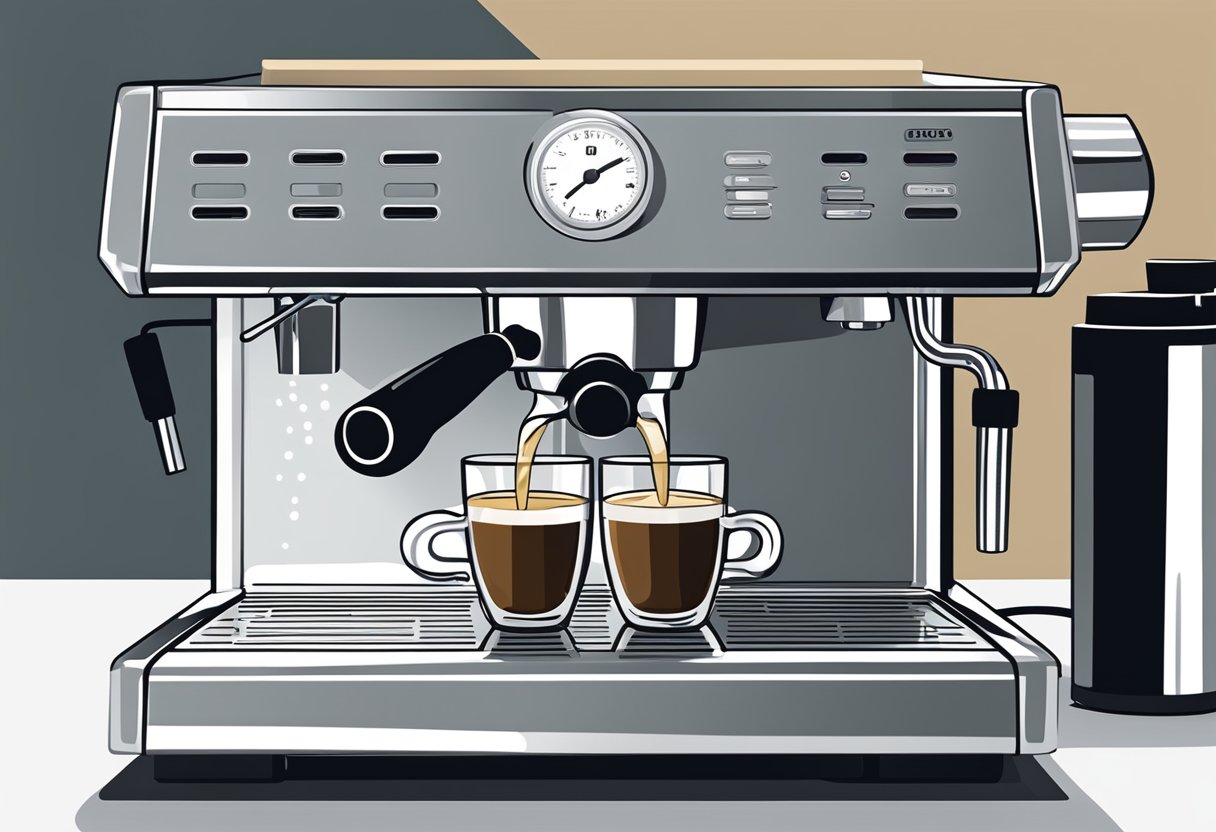 A hand pouring filtered water into an espresso machine's water reservoir