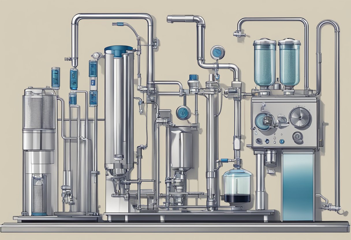 A water filtration system attached to an espresso machine, with various filters and purification methods in place