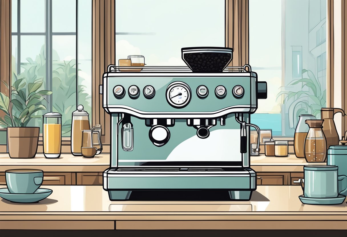 A sleek espresso machine sits on a clean, well-lit countertop, surrounded by a variety of high-quality water options, including filtered, spring, and distilled
