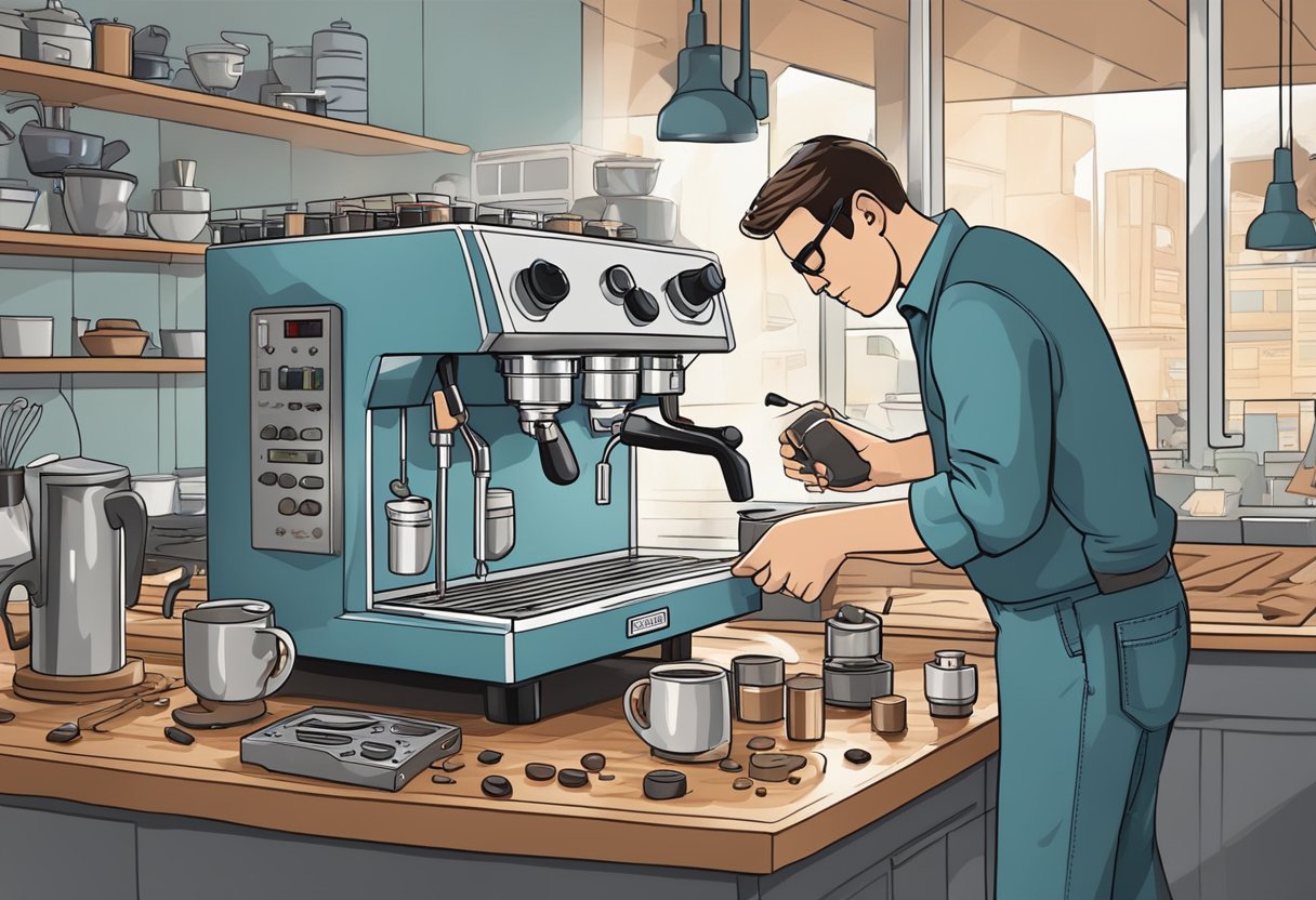 A technician examines an espresso machine, tools scattered on the counter. Steam rises from the open panel as they troubleshoot common issues
