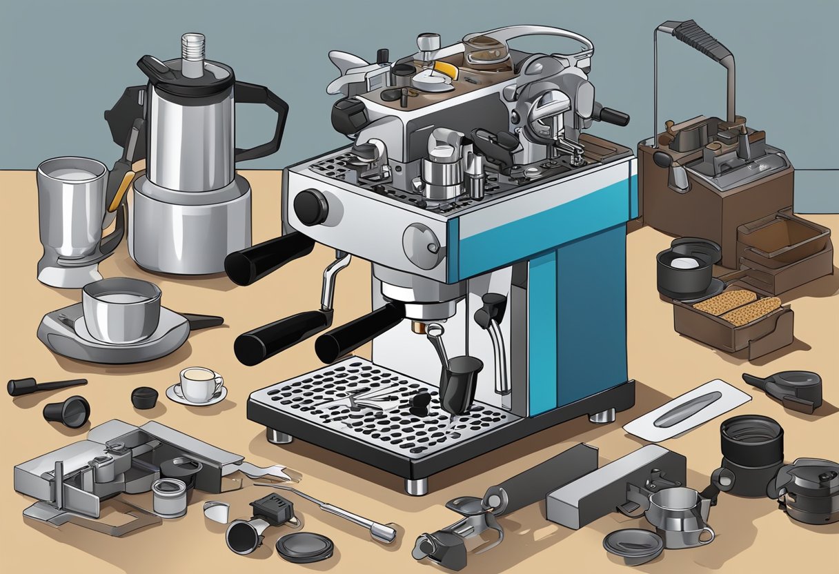 A technician servicing a professional espresso machine, tools and parts scattered on a workbench