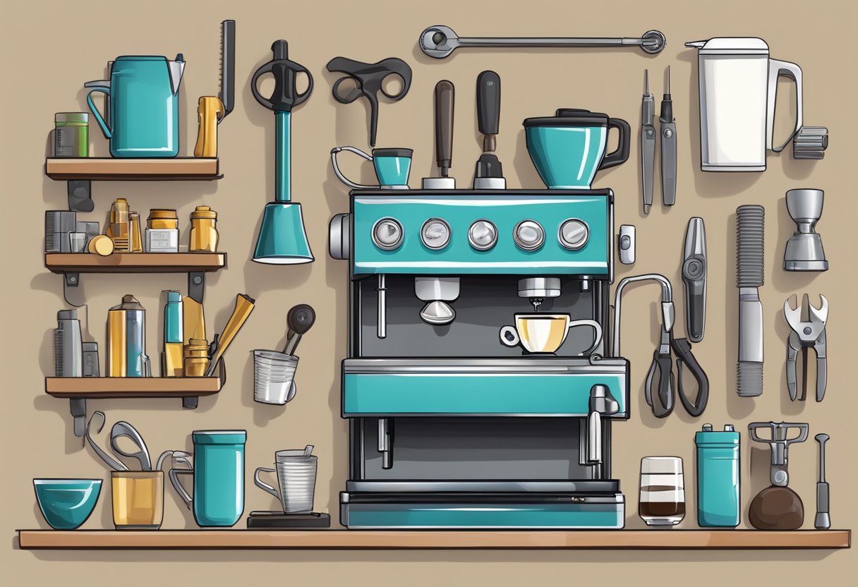 An espresso machine being serviced by a technician, surrounded by tools and spare parts on a workbench