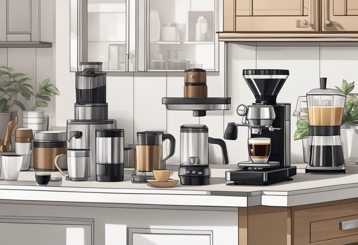 A modern espresso bar setup with a sleek espresso machine, grinder, tamper, milk frother, and various coffee accessories neatly arranged on a clean countertop