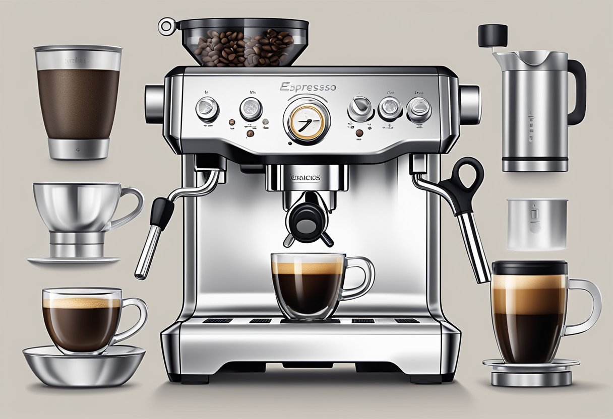 A sleek espresso machine surrounded by various high-quality accessories, including a precision tamper, frothing pitcher, and a selection of premium coffee beans