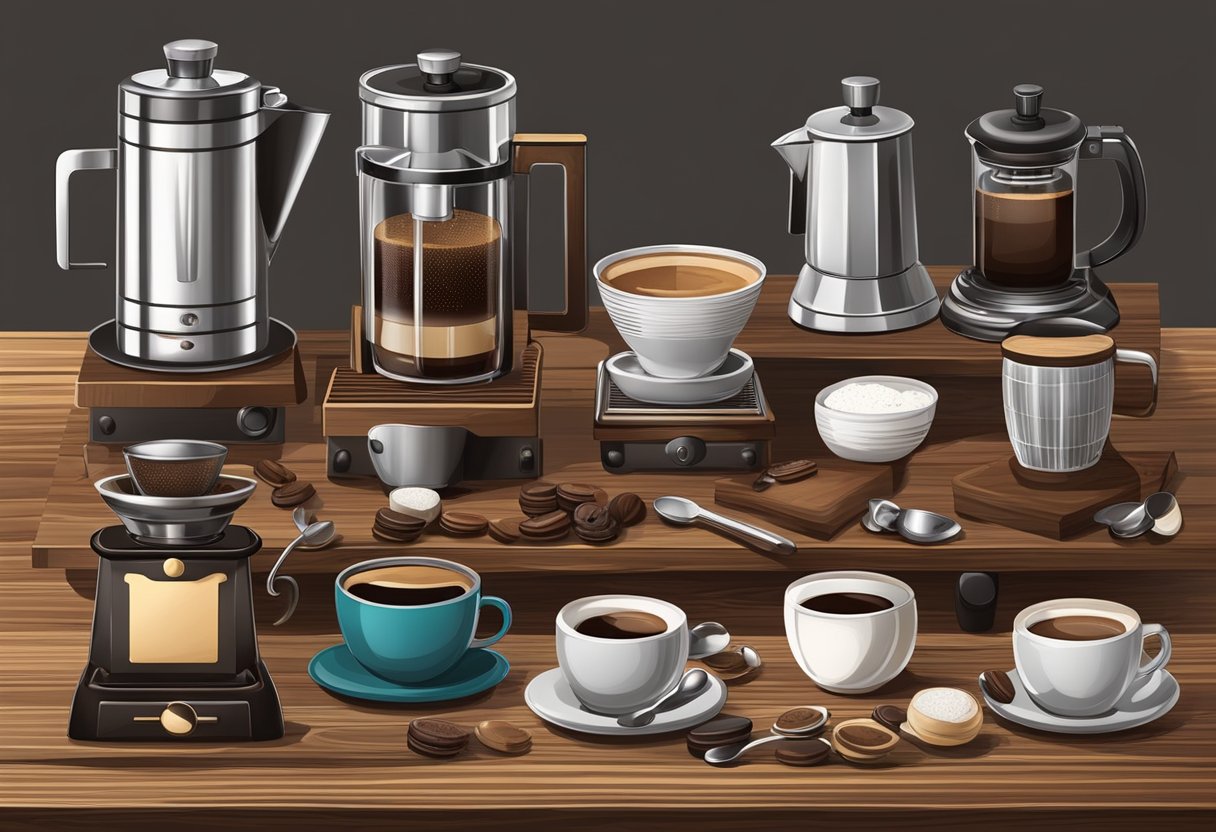 A rustic wooden table with a variety of espresso accessories including a sleek grinder, stylish cups, and a frothing pitcher