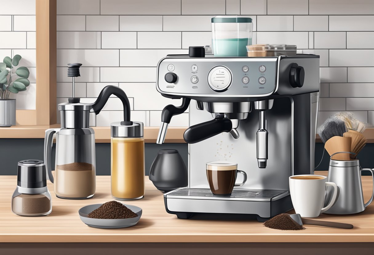 A clean, organized countertop with a coffee machine, grinder, tamper, and frothing pitcher. A brush, cloth, and cleaning solution are nearby
