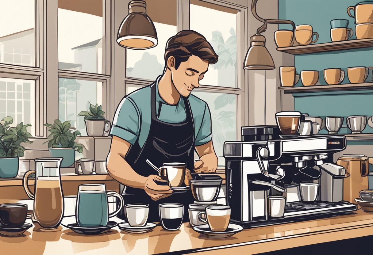 A barista prepares various espresso drinks on a sleek countertop, surrounded by coffee beans, milk jugs, and an assortment of espresso cups