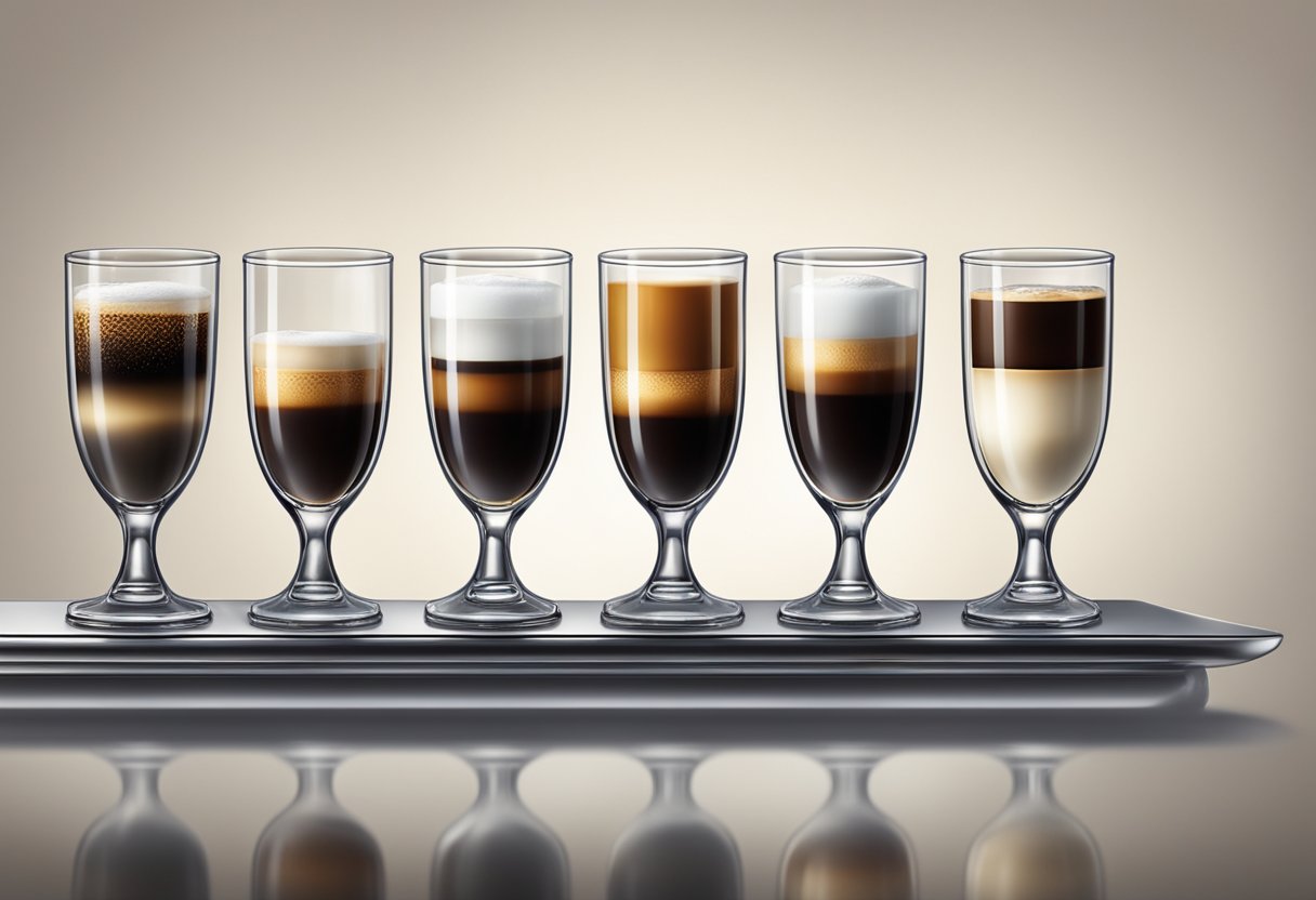 A row of various espresso drinks lined up on a sleek, modern countertop, each in its own unique glass or ceramic cup, with steam rising from the rich, dark liquid